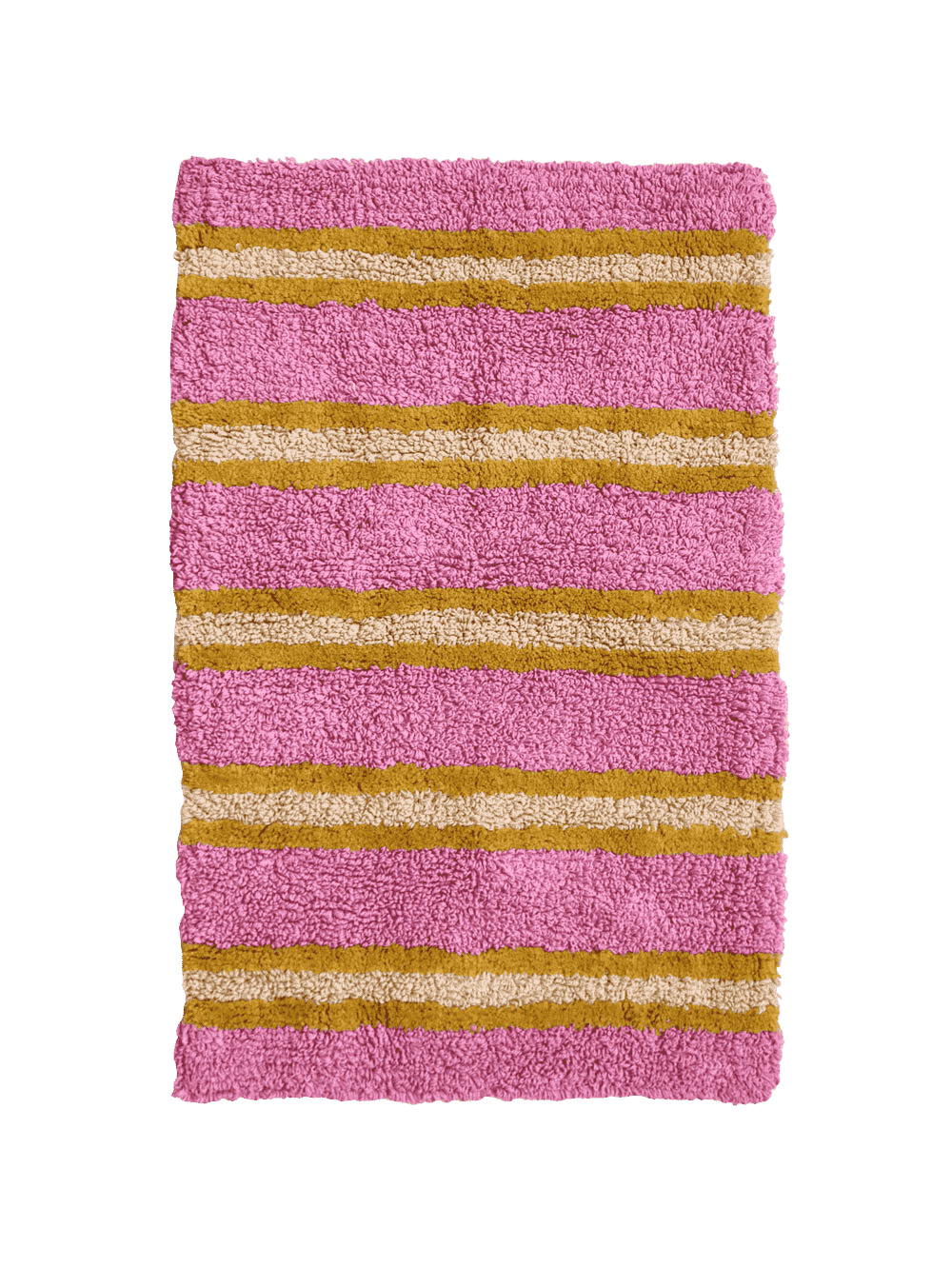 A pink and mustard yellow stripe bath mat by Mosey Me. 