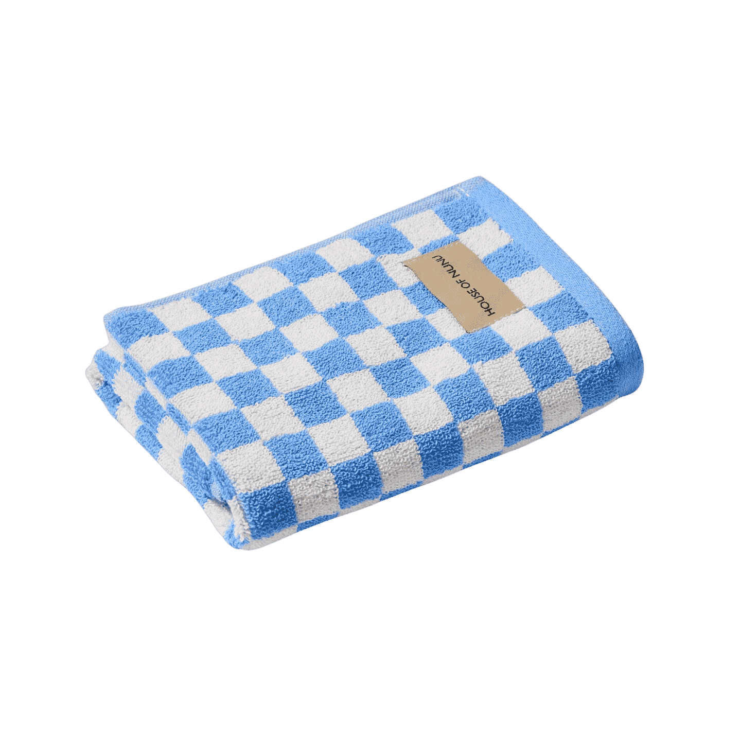 House of Nunu Blue Check Hand Towel: Folded into a perfect rectangle, this blue check hand towel features a white background with pastel blue checks. 