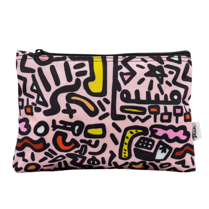 Shuh Lee Sweet Useful Bag: A pencil case with a pink background and black, orange, white, pink, yellow and red abstract shapes. 