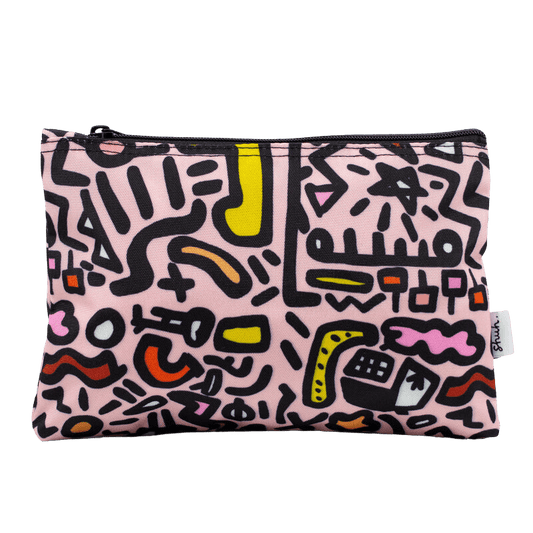 Shuh Lee Sweet Useful Bag: A pencil case with a pink background and black, orange, white, pink, yellow and red abstract shapes. 