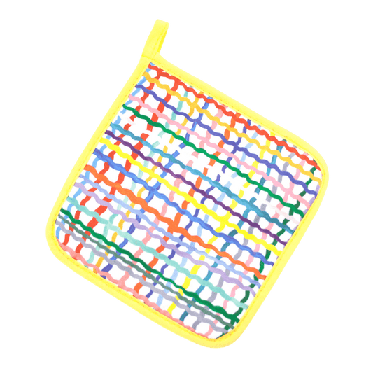 Shuh Lee Wave Pot Holder: This super cute pot holder has a yellow trim with a patchwork pattern featuring colourful, wiggle lines. 