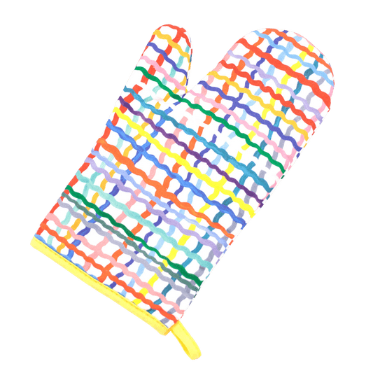 Shuh Lee Oven Mitt: Wave print - a cross hatch design with multicoloured wiggle lines across the front & back