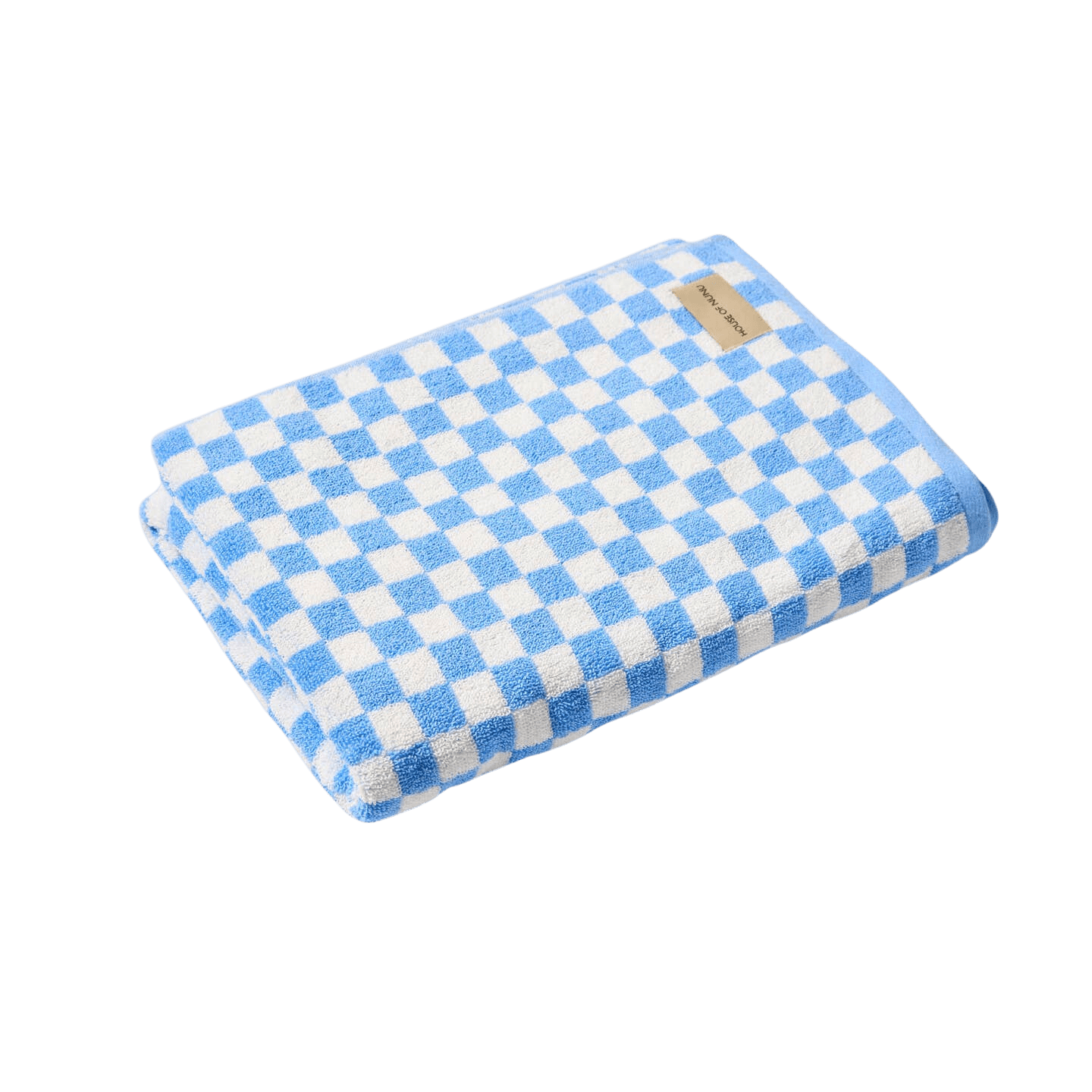 A super cute bath towel by House of Nunu: It's folded into a neat rectangle with a white base colour and light blue checks. 