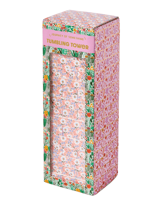 A gorgeous floral tumbling tower (AKA Janga) by Journey of Something. It features pink, red and orange delicate flowers and leaves. 