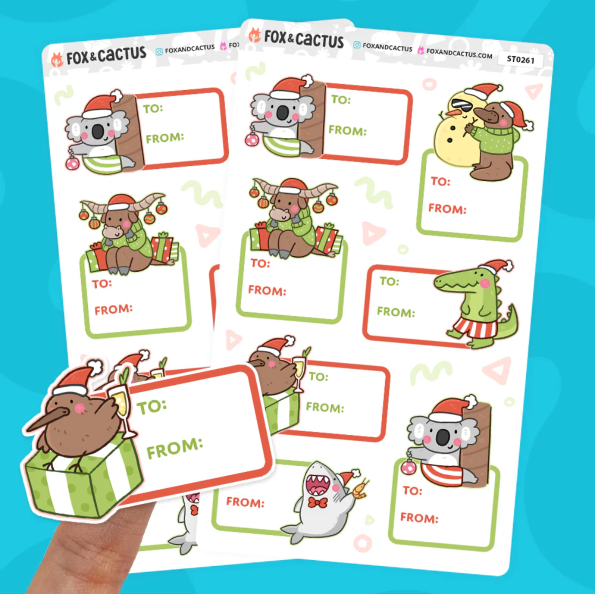 Fox  Cactus Christmas Gift Labels: Super cute native animals getting in to the festive spirit including Crocs, koalas, a great white, a platypus, a bull & a kiwi. Some of them are wearing Christmas clothes while others like the kiwi are drinking champagne. 