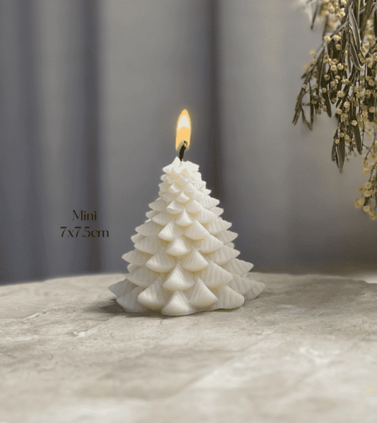 A tiny, white christmas tree candle lit up in a cosy space with an Australian native in the side of the image. 