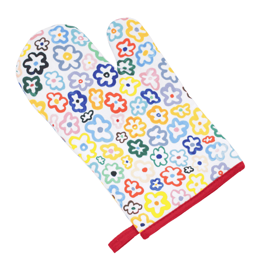 Shuh Lee Oven Mitt Daisy: A white background with multicoloured daisies