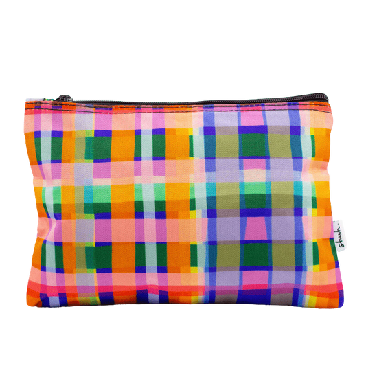 Shuh Lee Useful Bag: A colourful pencil case with a tartan print in colours pink, green, yellow, blue and orange. 