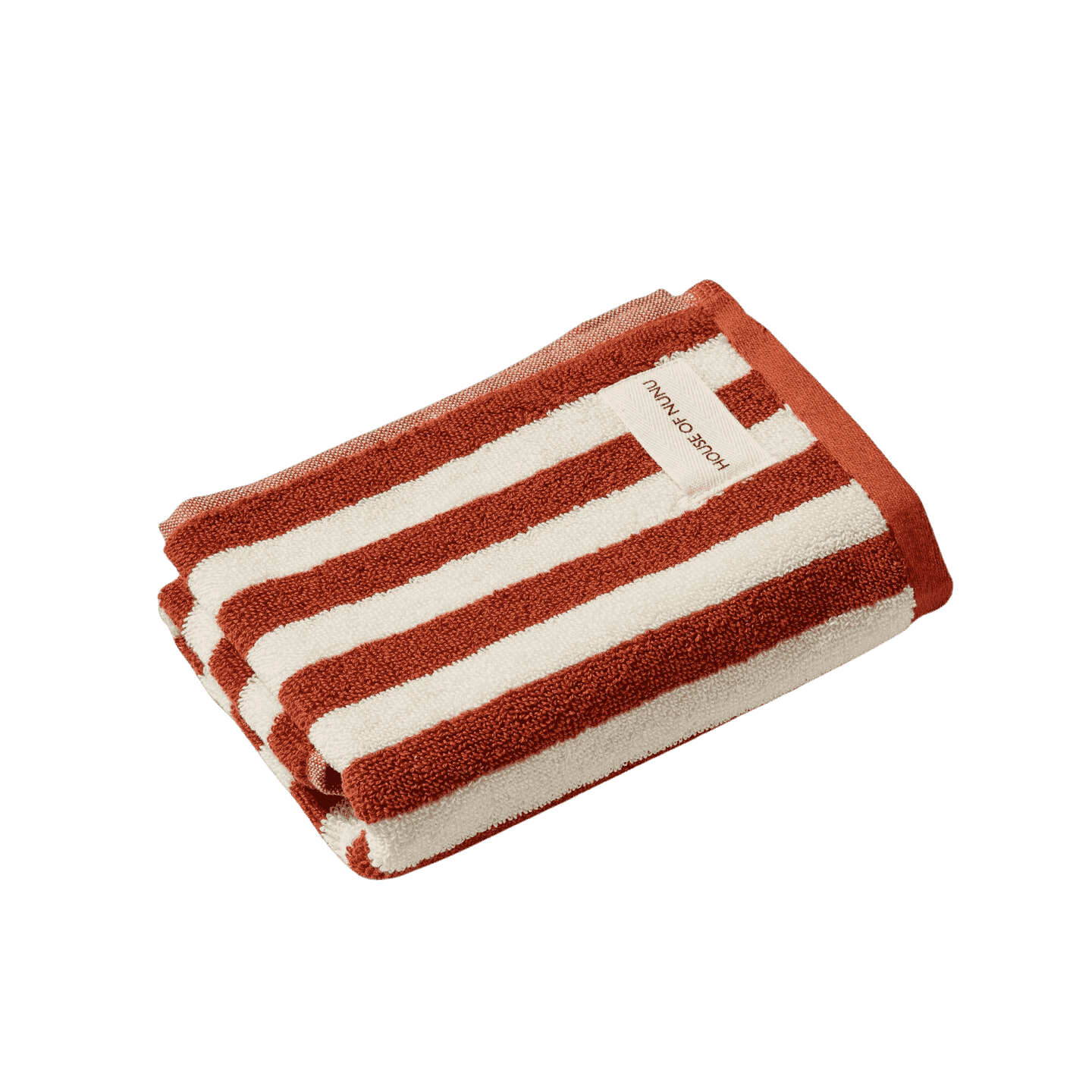 A super cute hand towel by House of Nunu featuring red stripes on a white background. 