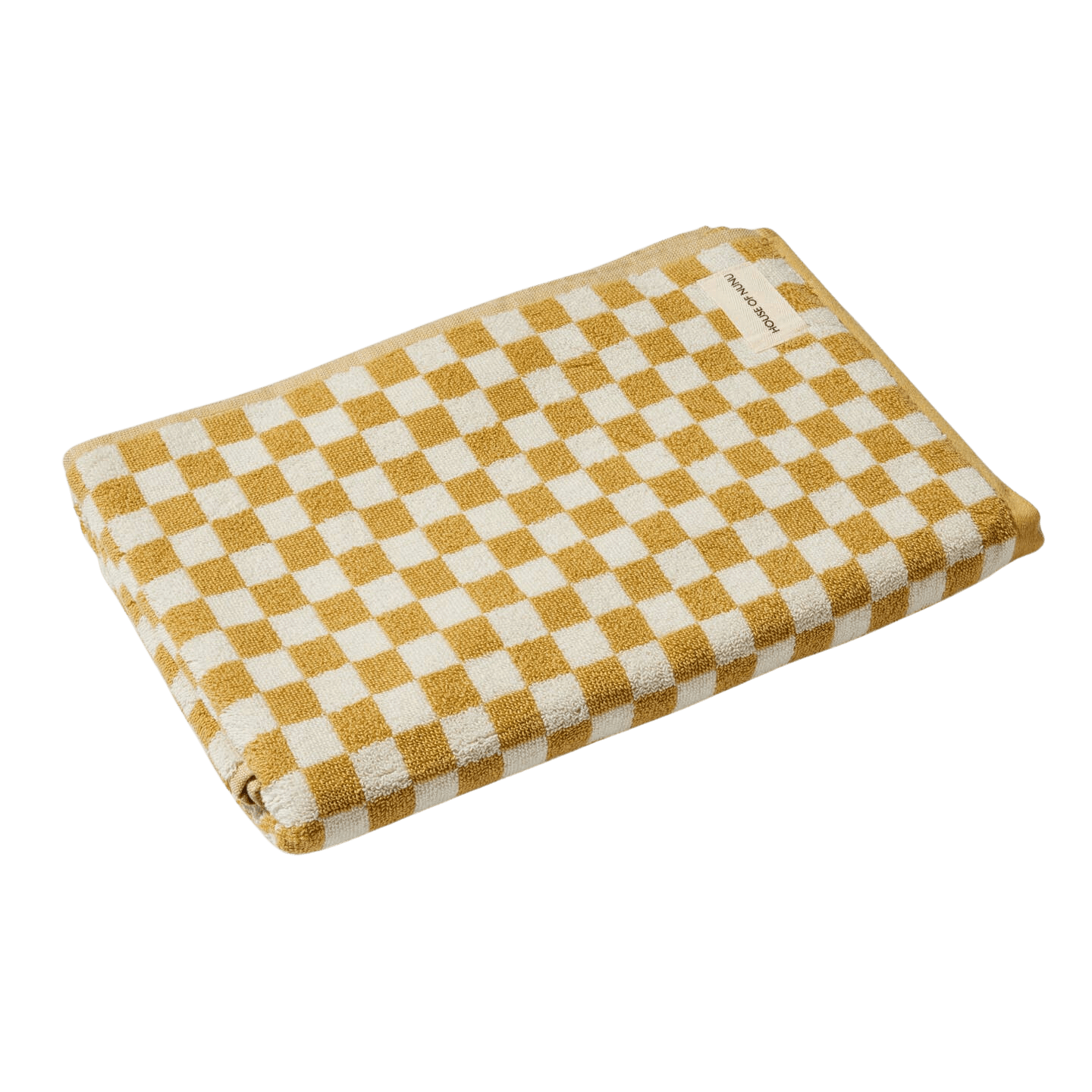 House of Nunu bath towel: Folded into a perfect rectangle this towel features a white background with mustard yellow checks. 