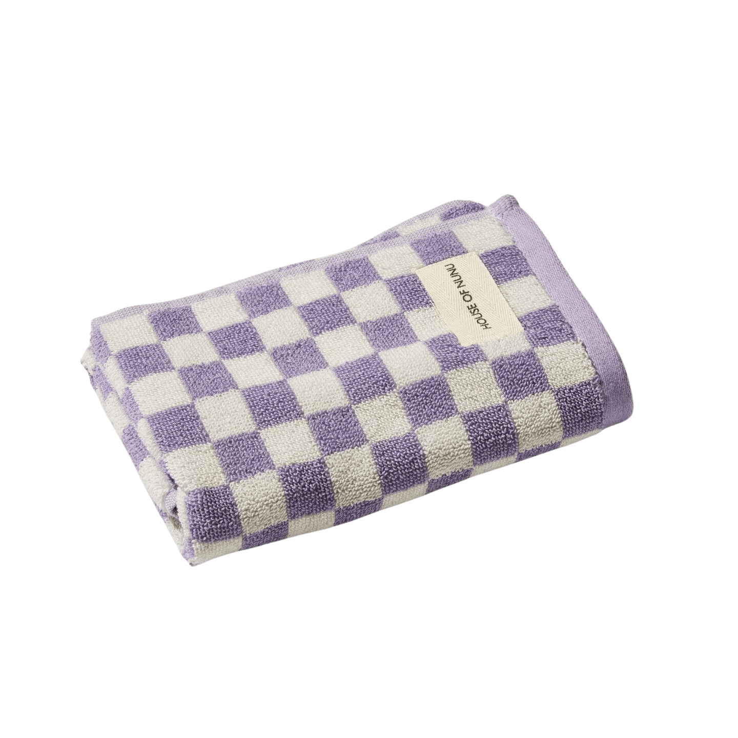 A lilac check hand towel by House of Nunu folded into a perfect rectangle. 