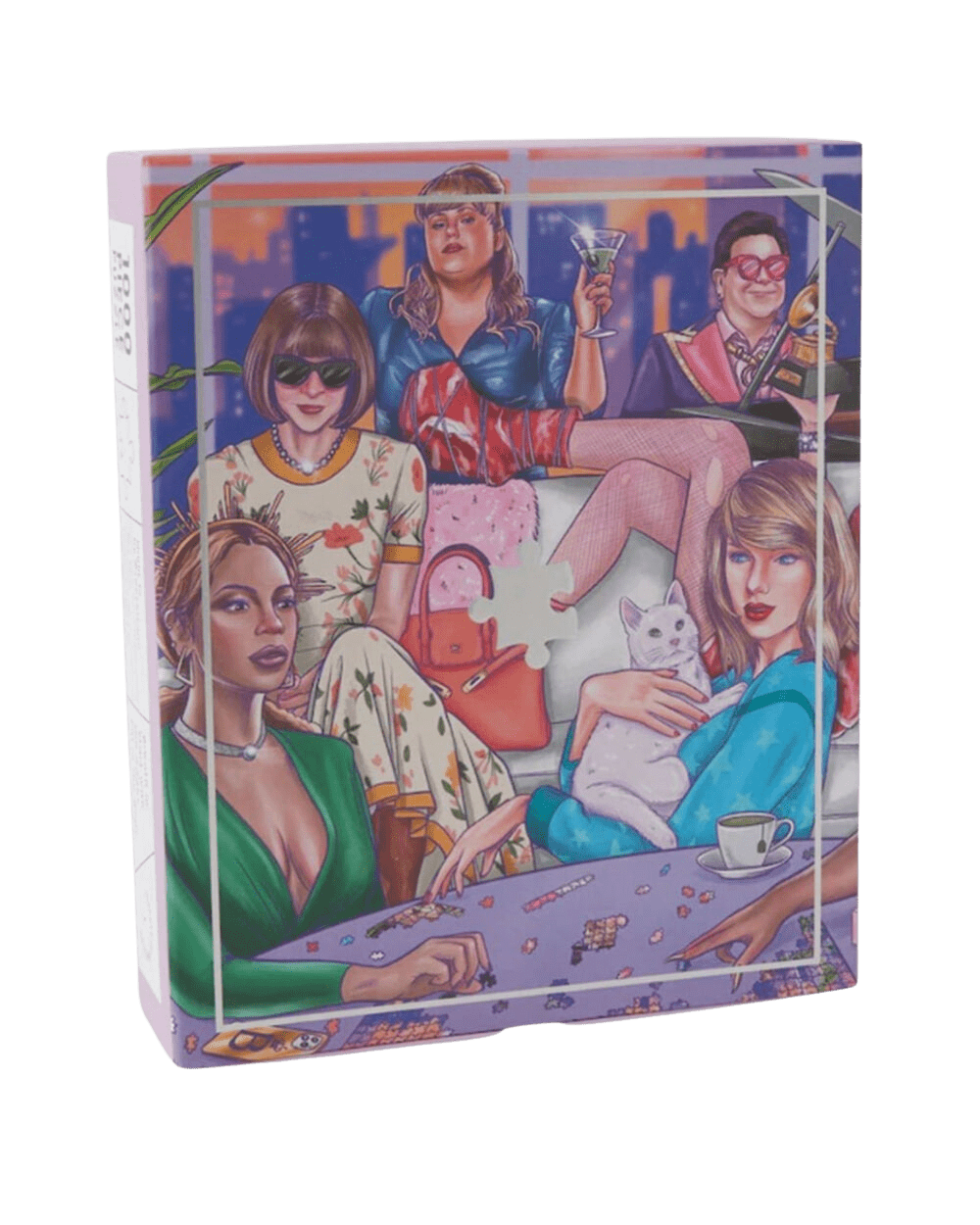 A super cute puzzle featuring Taylor Swift, Beyonce, Elton John, Lizzo, Lady Gaga, Rebel Wilson and Anna Wintour. They all appear to be having a party together, sipping tea, doing a puzzle, drinking cocktails, playing music and Taylor is holding a white, cute cat. 