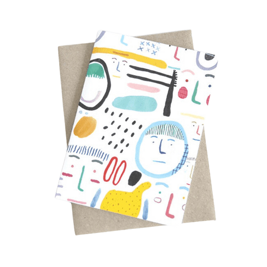 Shuh Lee People Greeting Card: A fun collection of colourful faces on a white background with abstract lines, dots and quirky shapes in between. 