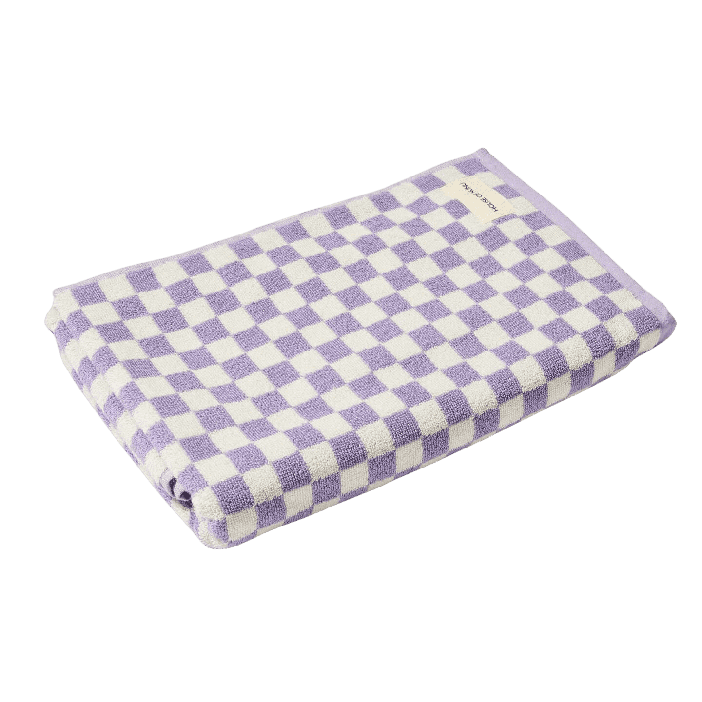 A cute bath towel by House of Nunu. It's folded into a perfect rectangle and features lilac checks on a white background. 