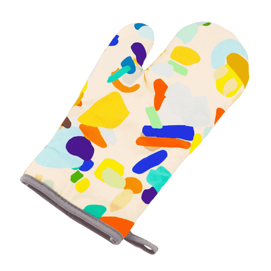 Shuh's Hanging Out Oven Mitt: A cream background with colourful abstract, pastel shapes across the print. 