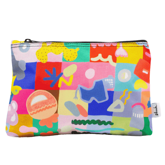 Shuh Lee Colourful Useful Bag: A vibrant pencil case featuring abstract patterns inspired by household objects, set against a playful multicoloured square backdrop. Perfectly cute and functional!