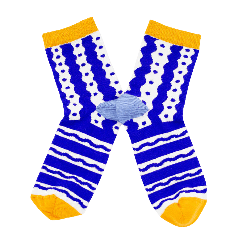 Shuh Lee Socks: Blue and white with a squiggle line design across the pattern with yellow splashes of colour at the toes and tops of each sock. 