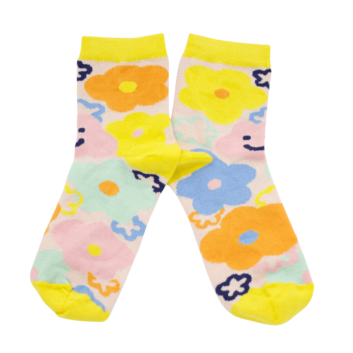 Bright socks with splashes of yellow, orange and blue flowers with little happy faces on either side, designed by Shuh Lee