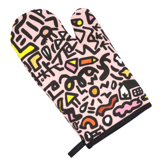 Shuh Lee's Oven Mitt has a pink background with black, yellow & orange abstract shapes. 