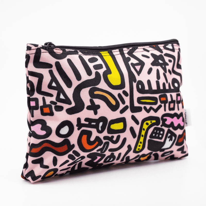 Shuh Lee Sweet Useful Bag: A pencil case with a pink background and black, orange, white, pink, yellow and red abstract shapes. 